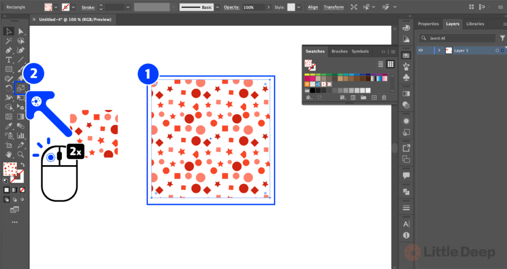 14. 아래와 같이 불규칙한 패턴이 적용되었습니다. 크기를 조절하기 위해 (1)패턴을 선택 후, (2)Scale 아이콘을 2번 클릭하세요.